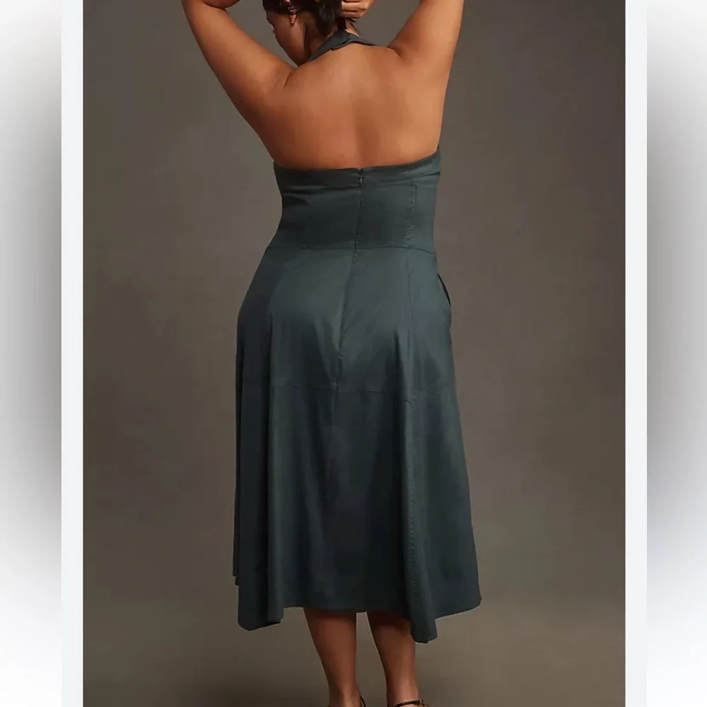 ANTHROPOLOGIE WOMENS STRETCH HALTER LINEN MIDI DRESS GREEN LARGE - Picture 9 of 9